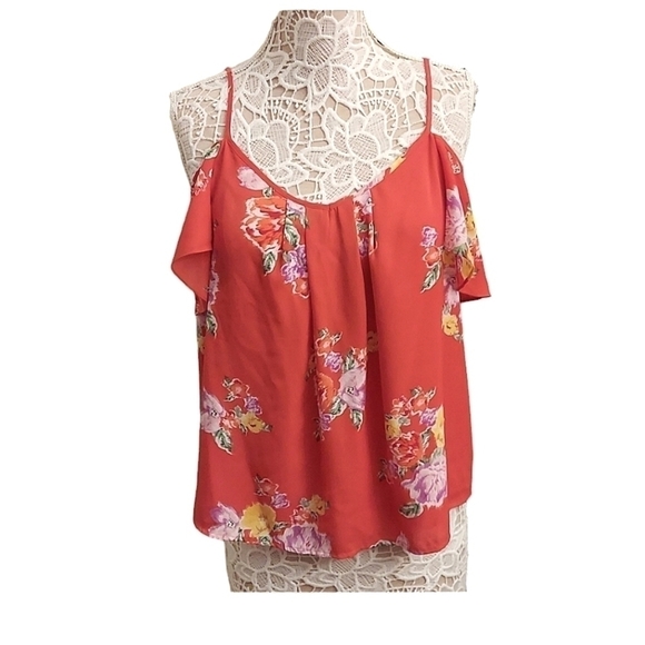 DALIA Cold Shoulder Floral Lined Flutter Sleeve Top - Picture 1 of 12